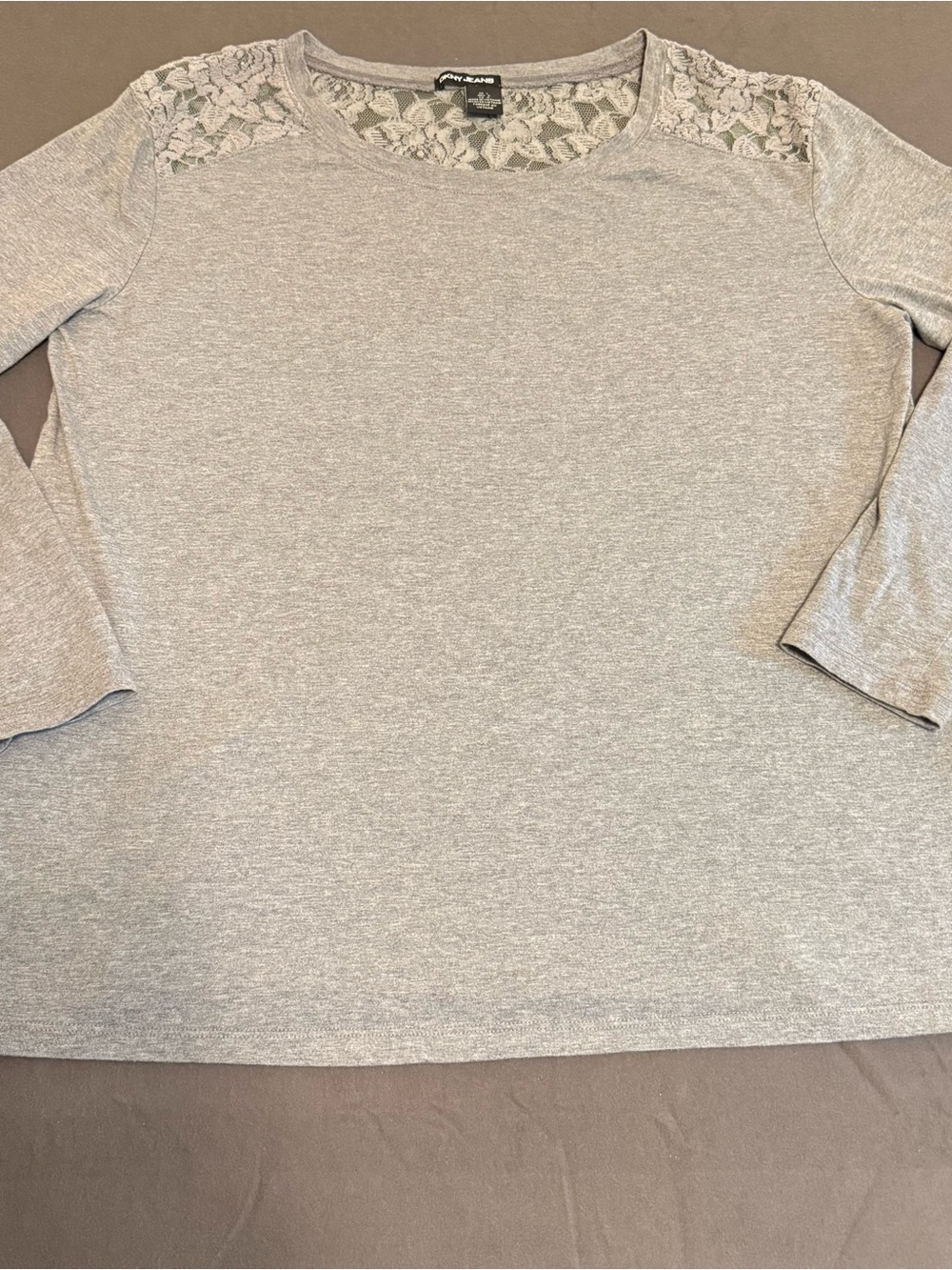 DKNY Heather Gray Lace-Shoulder Long Sleeve Top